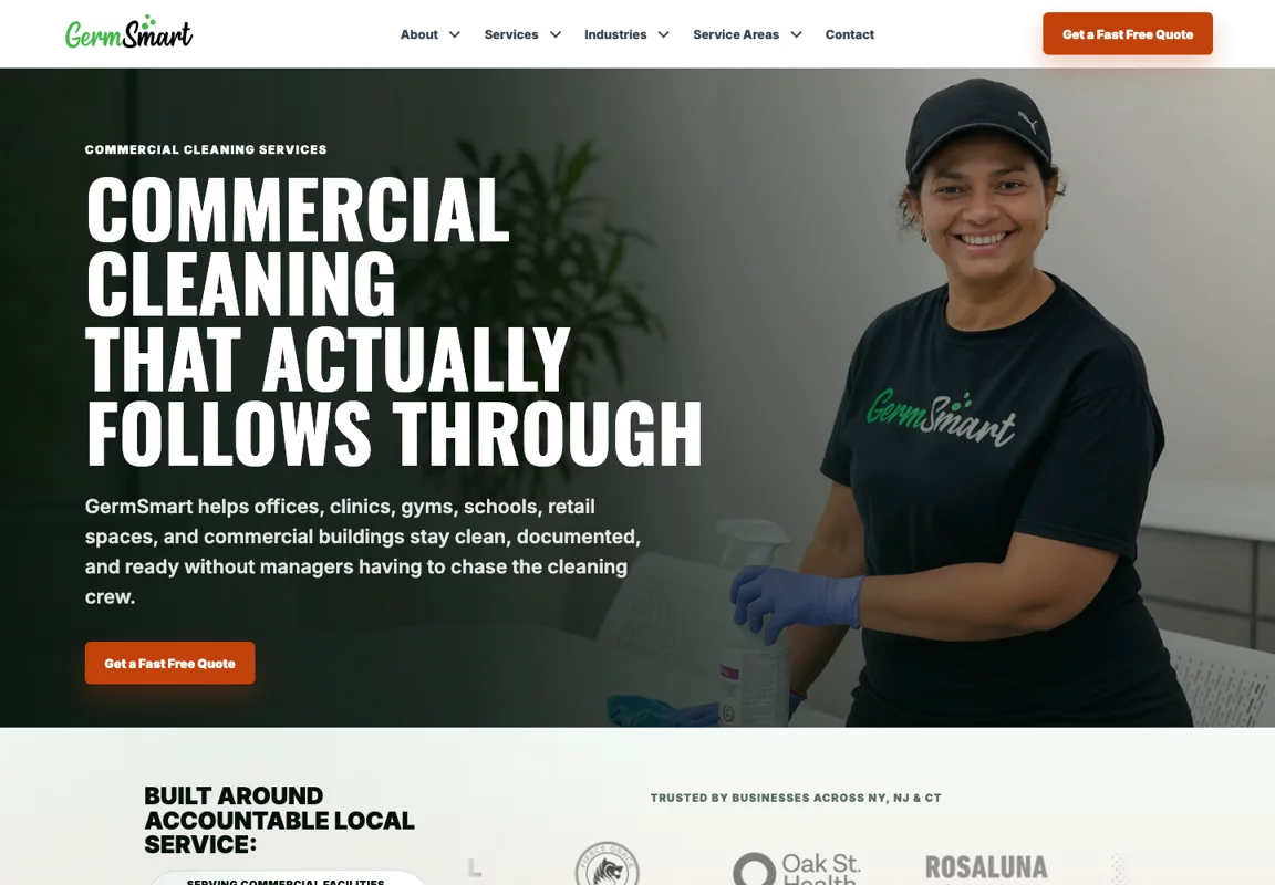 GermSmart commercial cleaning homepage designed by BoomFSA, with clear services, local positioning, and a quote request