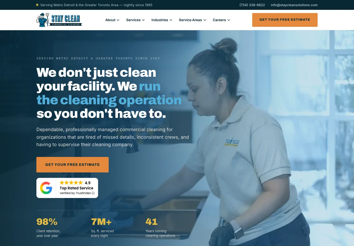 BoomFSA’s website design for Stay Clean Solutions, showing commercial cleaning services and a clear estimate request